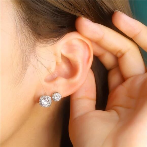 Sterling Silver Stud Earrings for Women Girls Cubic Zirconia - Picture 2 of 7